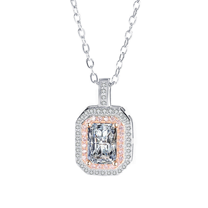 Cross-Border S925Sterling Silver Necklace Color-Blocked Square Bag Sugar Cube Radiant Moissanite Diamond Pendant Collarbone Chain Live Wholesale