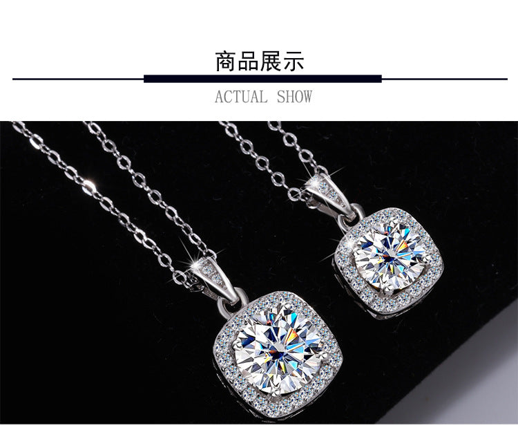 Cross-border hot selling S925Pure Silver Moissanite Square Pendant Necklace Light Luxury High-end Clavicle Chain Moissanite Pendant Wholesale