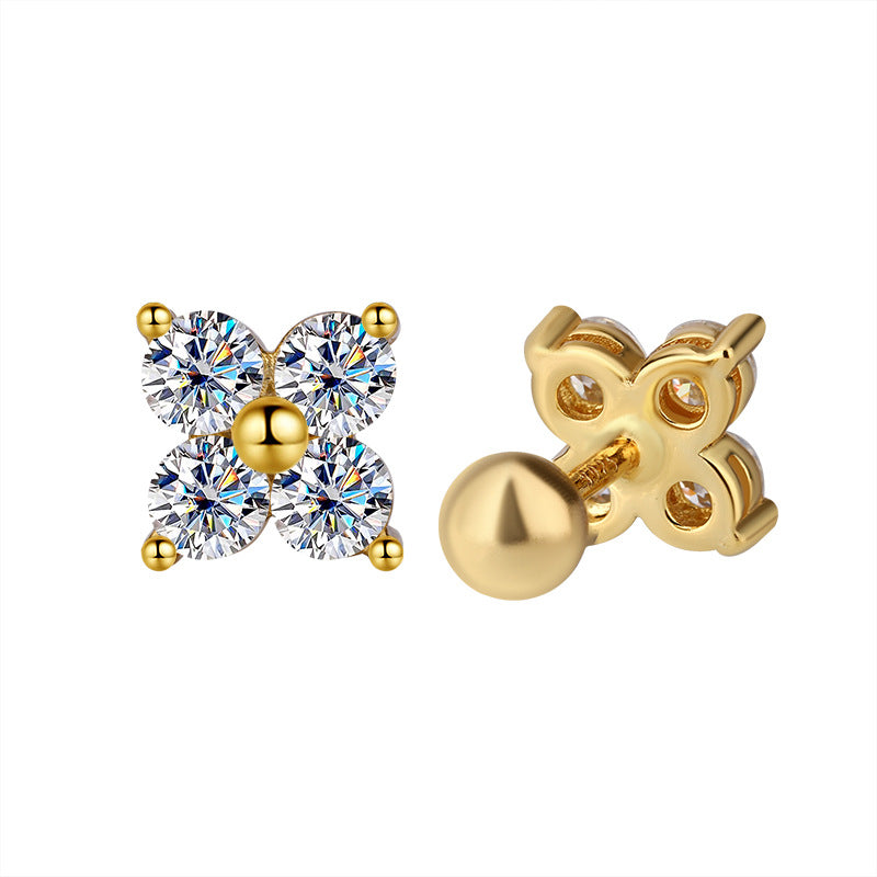 Exclusive for cross-border S925Sterling Silver Moissanite Four-Leaf Clover Screw Earrings High-End Jewelry Flower Full Diamond Factory Wholesale