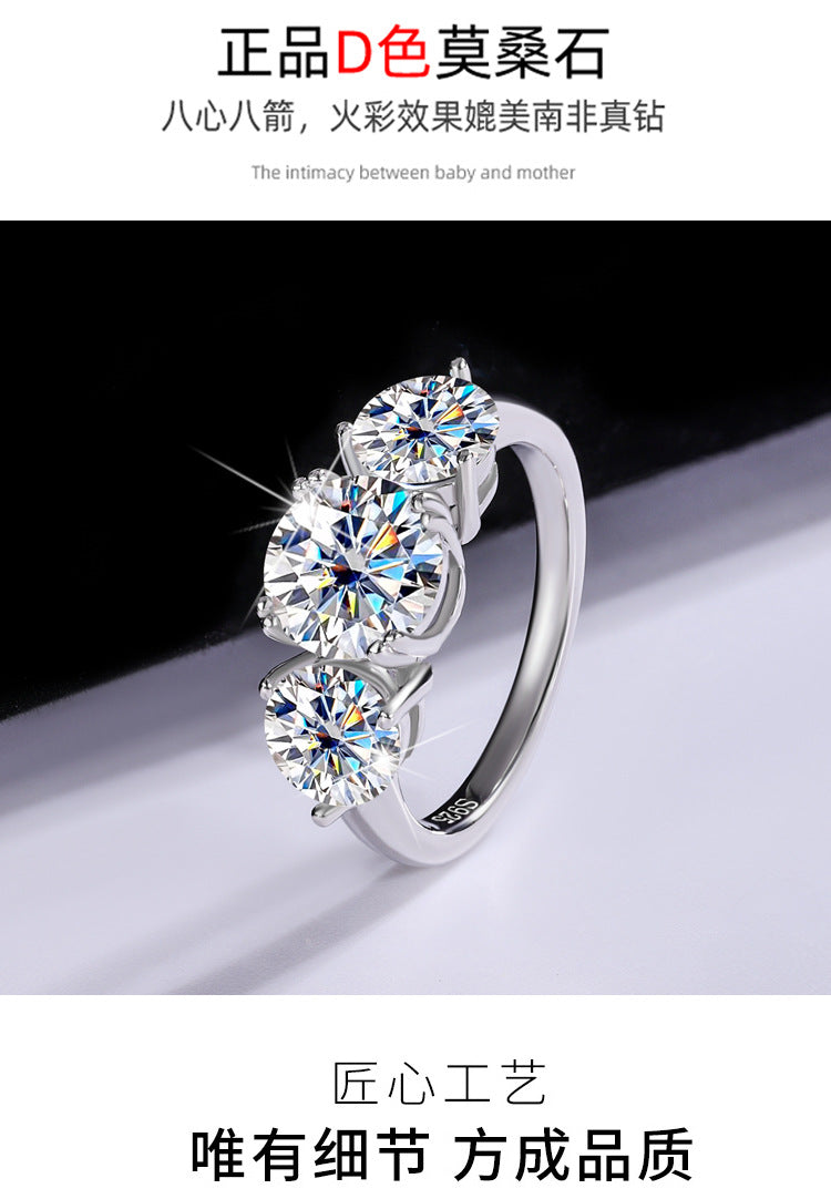 Cross-Border Europe and America S925Silver Moissanite Three Lives Stone4Carat Ring Fashion Light Luxury Style Women's Wedding Ring Wholesale