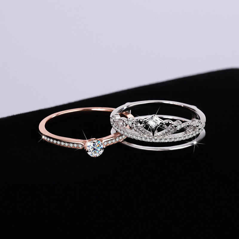 Cross-Border Exclusive Pure Silver Moissanite Castle Fireworks Layered Double Rose Gold Color-Blocked Women's Diamond Ring Factory Wholesale