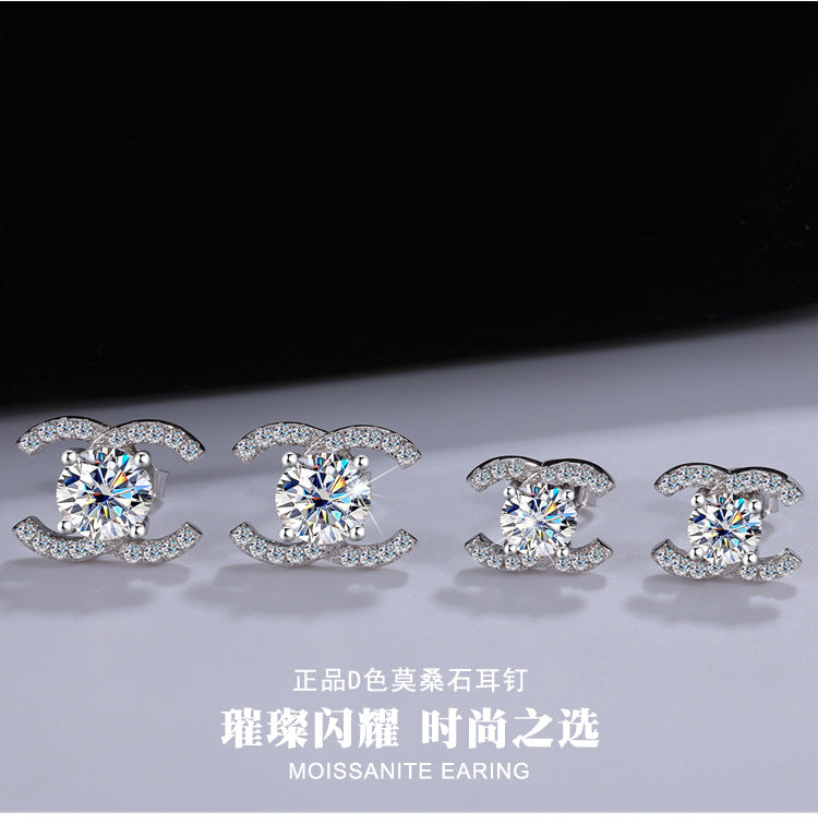 Best seller in europe and america925Sterling Silver Double C Moissanite Earrings for Women Moissanite Diamond Earrings Chanel Style High-end Feel Factory Wholesale