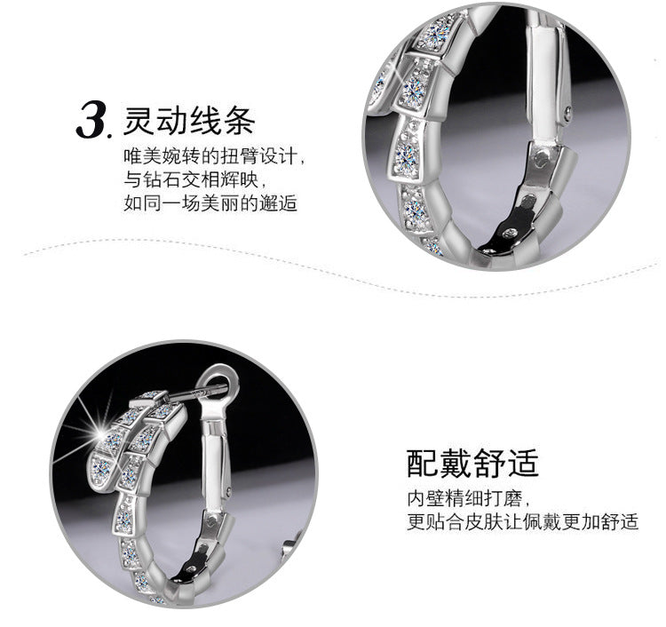 Cross-Border Europe and America S925Pure Silver Full Moissanite Full Diamond Snake-shaped Earrings Female Moissanite Stone fashion High-end Sense Factory Wholesale