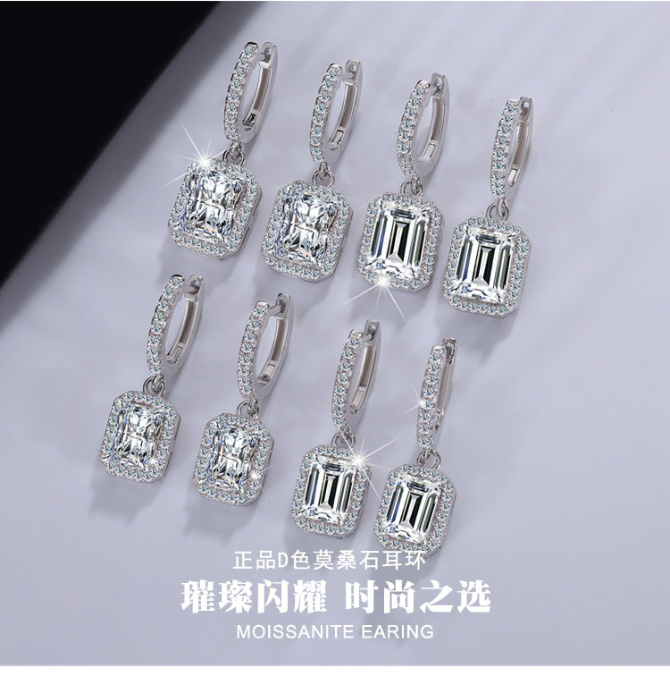 Cross-Border S925Sterling Silver Moissanite Earrings Radiant Cut Ear Jewelry Luxurious Inlaid High-end Earrings Moissanite Studs Wholesale