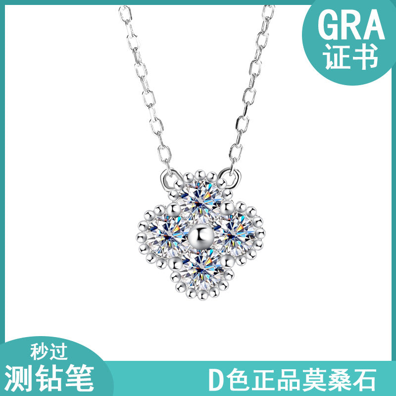 S925Sterling Silver Moissanite Four-Leaf Clover Three-Piece Set Bracelet Necklace Women's Earrings Multiple Styles TikTok Live Factory Wholesale