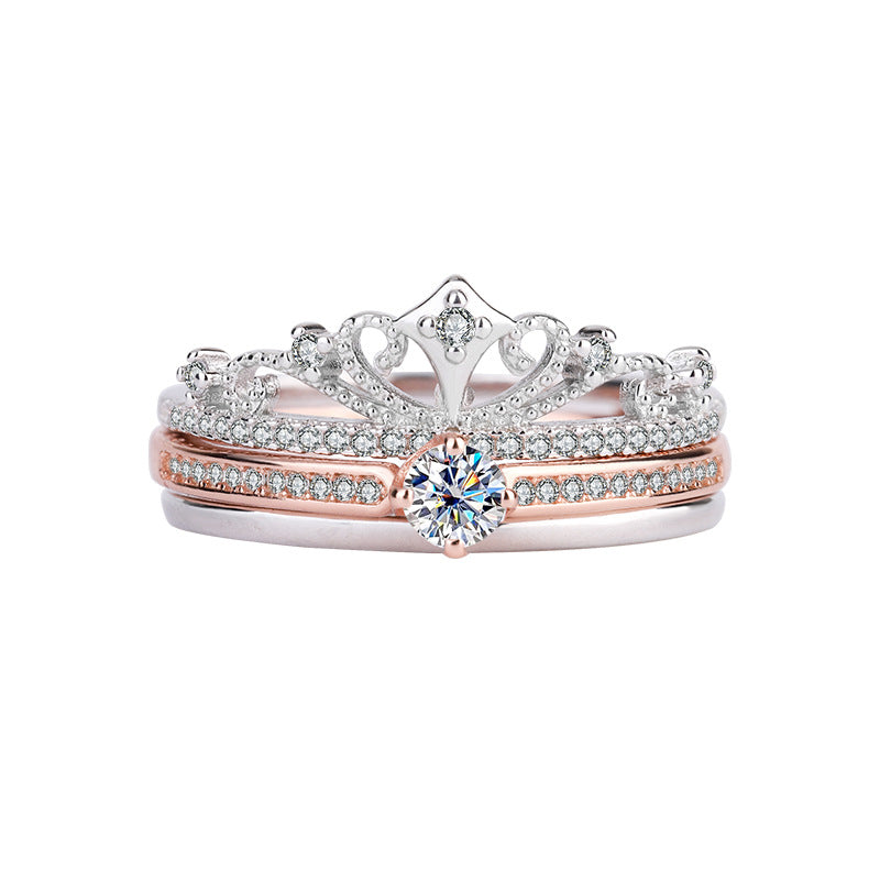 Cross-Border Exclusive Pure Silver Moissanite Castle Fireworks Layered Double Rose Gold Color-Blocked Women's Diamond Ring Factory Wholesale