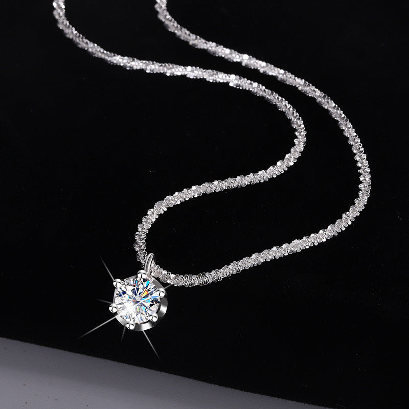 Cross-Border S925Pure Silver Sparkling Cauliflower Chain Moissanite Six-Claw Necklace for Women Niche Light Luxury Fashion Collarbone Chain