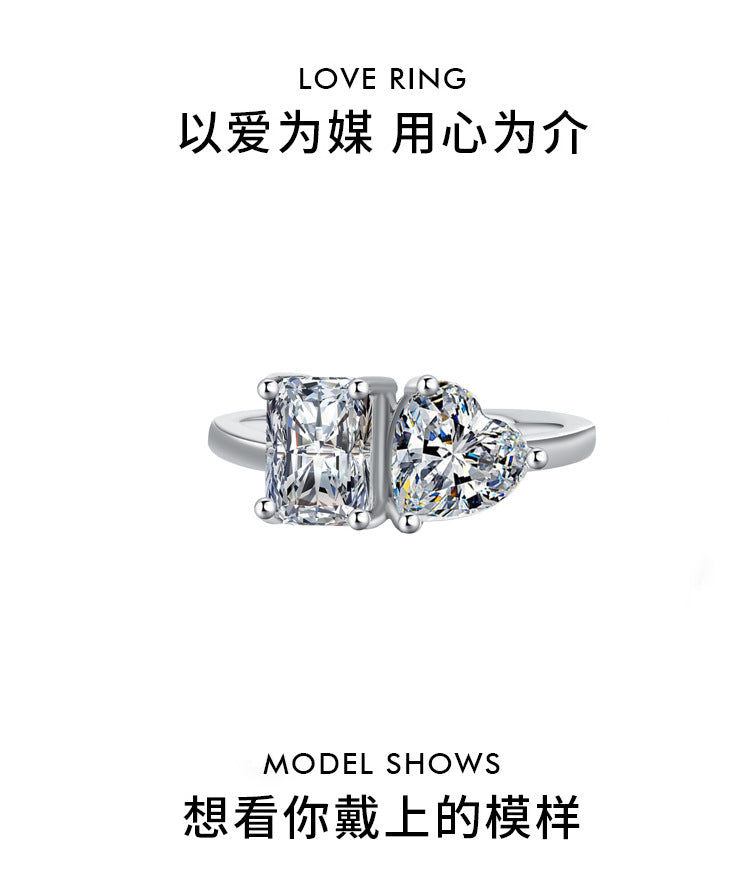 Cross-border European and American Live Streaming925Pure Silver Moissanite Classic1Carat Ring Irregular Moissanite Asymmetric Women's Ring