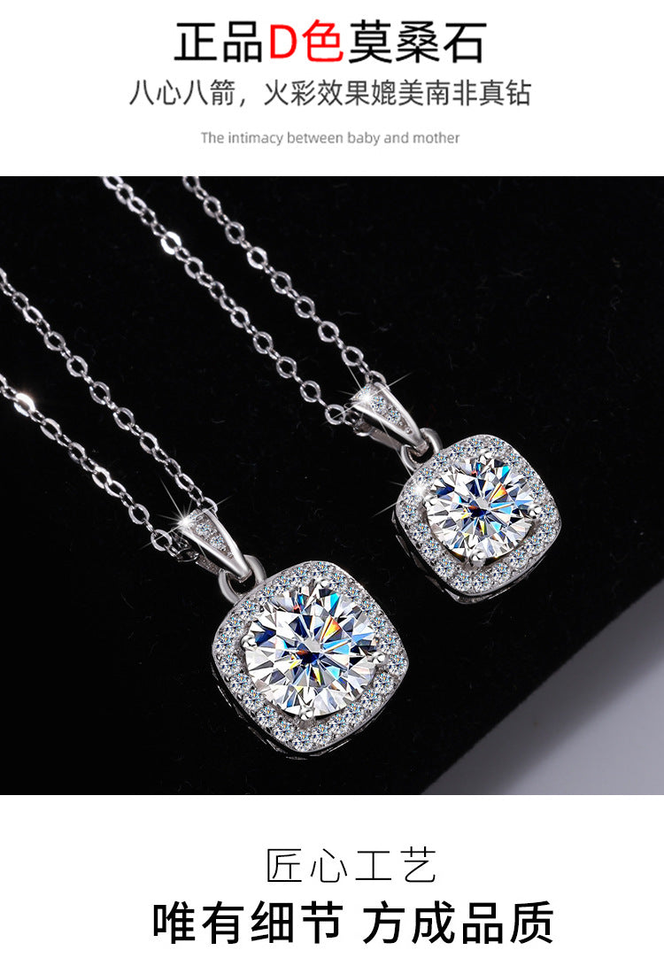 Cross-border hot selling S925Pure Silver Moissanite Square Pendant Necklace Light Luxury High-end Clavicle Chain Moissanite Pendant Wholesale