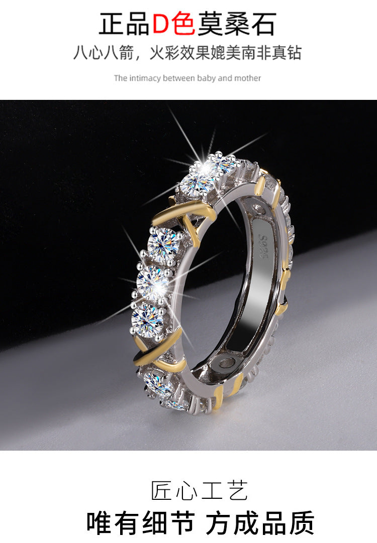 Cross-Border S925Sterling Silver Classic Cross Two-tone Row Ring Moissanite Diamond Ring Moissanite Diamond Ring Female Factory Wholesale