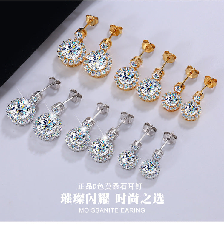 Cross-Border Wholesale S925Sterling Silver Moissanite Round Stud Earrings Simple Elegant High-end Earrings Moissanite Jewelry Live Streaming