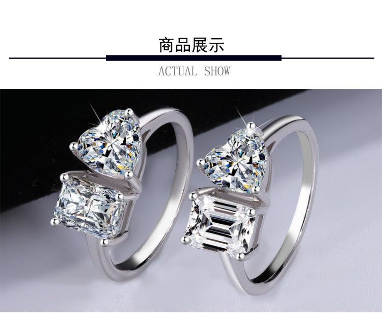 Cross-border European and American Live Streaming925Pure Silver Moissanite Classic1Carat Ring Irregular Moissanite Asymmetric Women's Ring