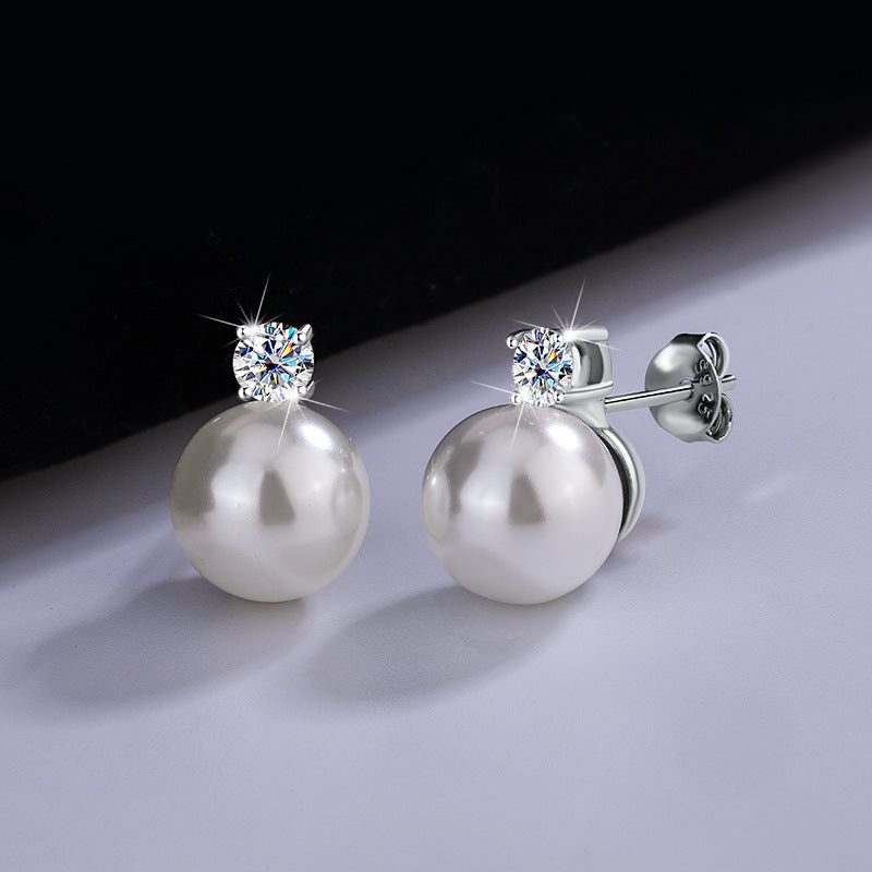 Cross-Border S925Silver Four-Prong Moissanite Inlaid Pearl Earrings Pearl Jewelry Internet Celebrity Fashion Versatile Earrings for Women
