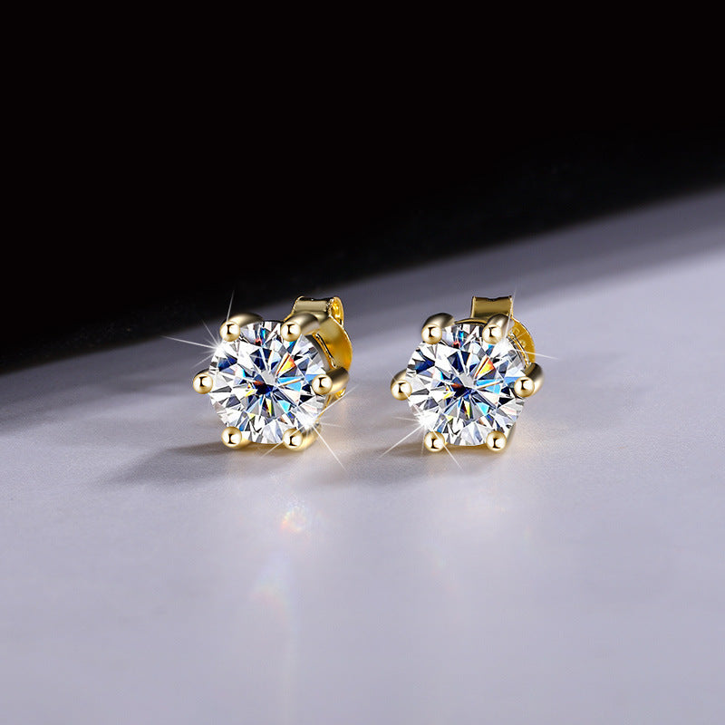 Cross-Border925Sterling Silver Gold Plated Moissanite Six-Prong Earrings1Clamosanite Gift Earrings Factory Wholesale