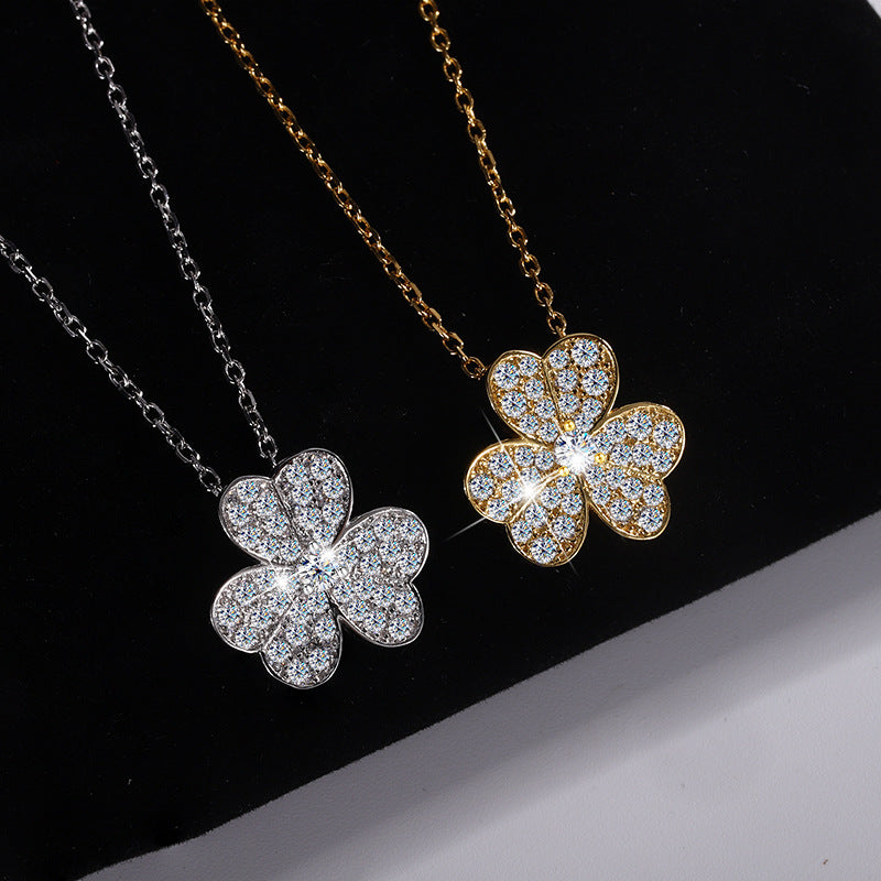 Exclusive for cross-border S925Pure Silver Lucky Moissanite Full Diamond Clover Necklace for Women Three-Petal Flower Simple Collarbone Chain Wholesale