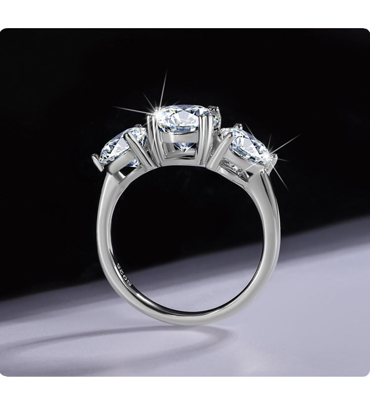 Cross-Border Europe and America S925Silver Moissanite Three Lives Stone4Carat Ring Fashion Light Luxury Style Women's Wedding Ring Wholesale