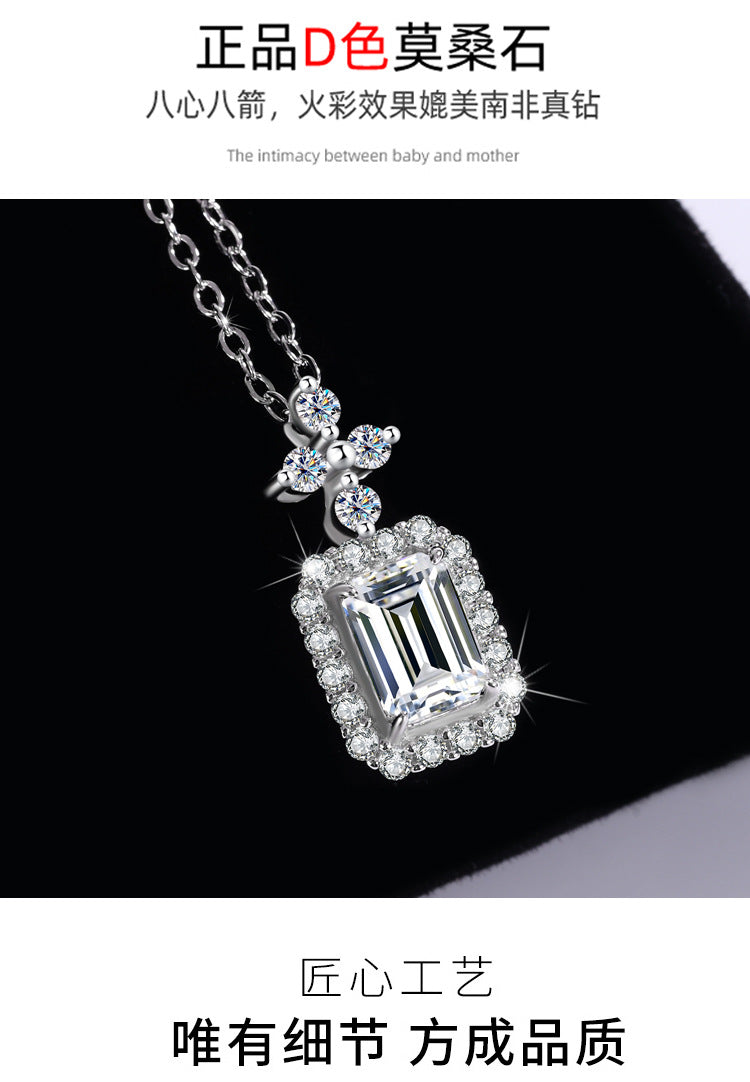 Cross-Border Europe and America S925Silver Pendant Emerald Cut Moissanite Necklace for Women Fashionable Light Luxury Rectangular Pendant Clavicle Chain