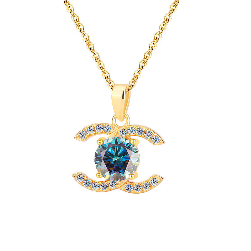 Exclusive for cross-border S925Pure Silver Moissanite Small Chanel Style Pair C Pendant High-End Versatile Full Diamond Necklace Factory Wholesale