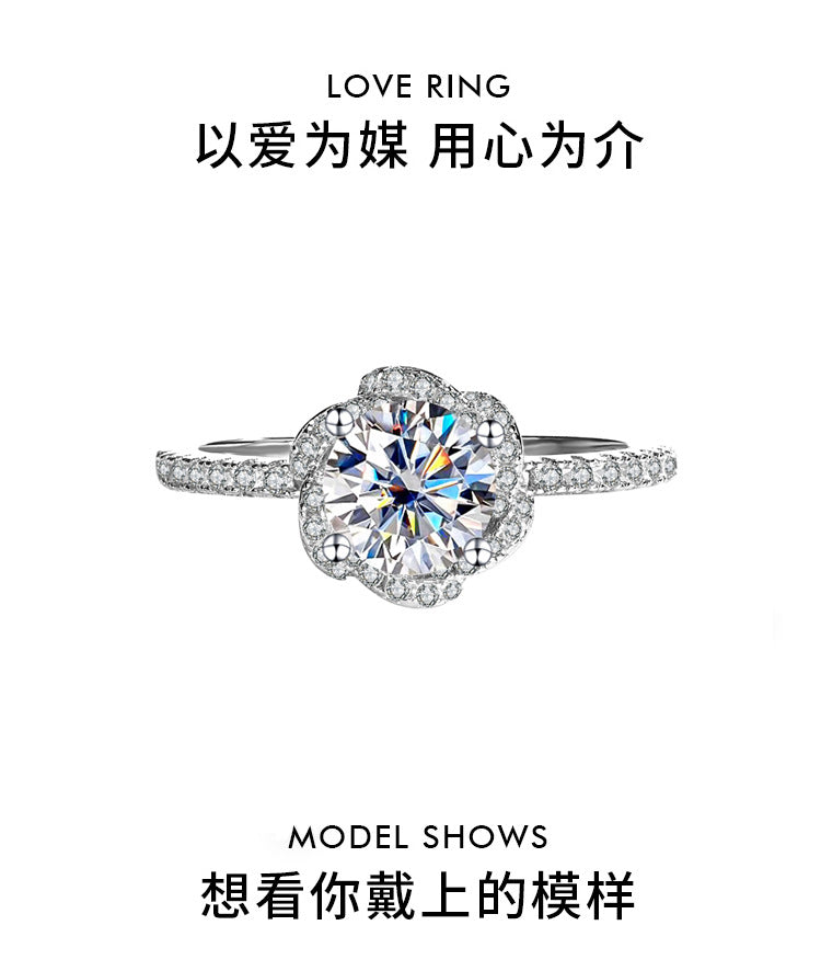 Sterling Silver S925【Bloom】Rose Flower Moissanite Diamond Ring Female Hand Holding Flower Real Diamond Ring Wedding Proposal Girlfriend