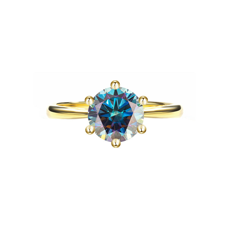 Cross-Border925Sterling Silver Plated Ring18K Golden Classic Six-Claw Moissanite Ring for Women Crown Proposal Ring Wholesale