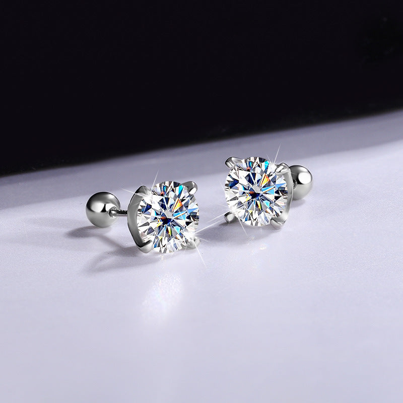 Cross-Border925Silver Moissanite Earrings Four Prong Screw Earrings 50Points1Carat 2Carat Fashion Simple Earrings