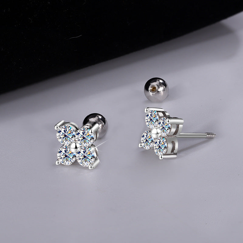 Exclusive for cross-border S925Sterling Silver Moissanite Four-Leaf Clover Screw Earrings High-End Jewelry Flower Full Diamond Factory Wholesale