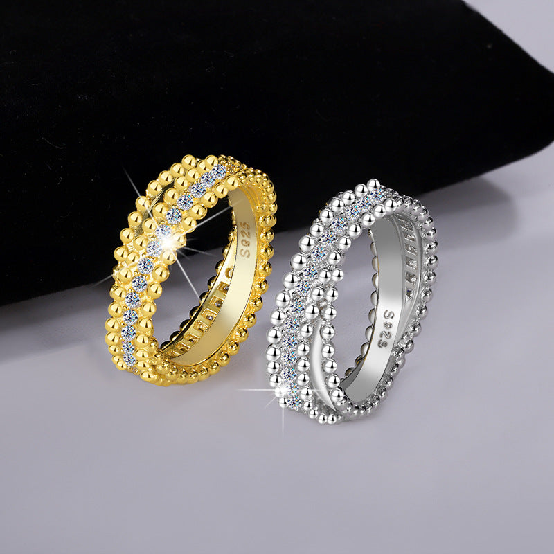 Cross-Border S925Sterling Silver Kaleidoscope Bead Edge Twist Arm Cross Full Diamond Moissanite Ring for Women Starry Sky Versatile Band Ring