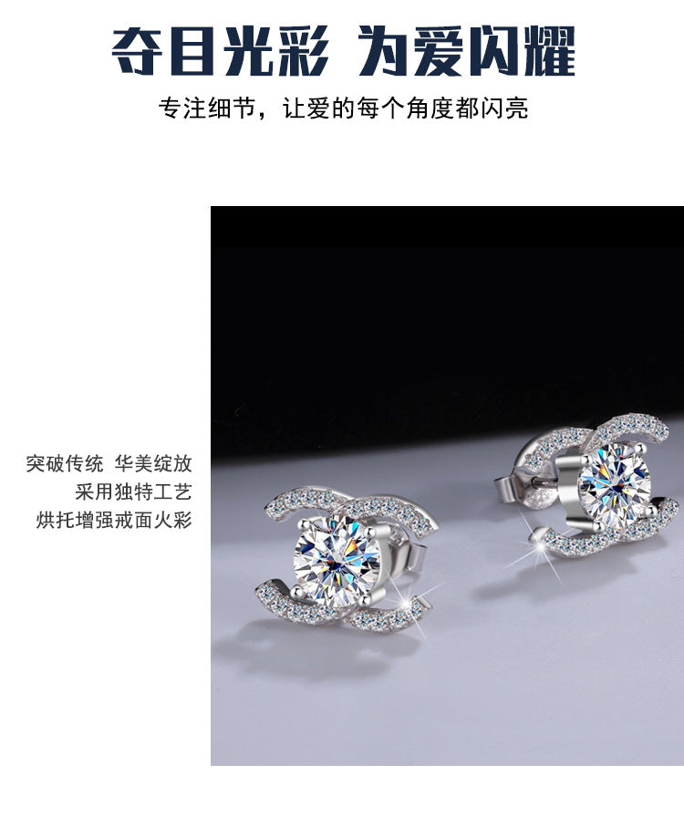 Best seller in europe and america925Sterling Silver Double C Moissanite Earrings for Women Moissanite Diamond Earrings Chanel Style High-end Feel Factory Wholesale