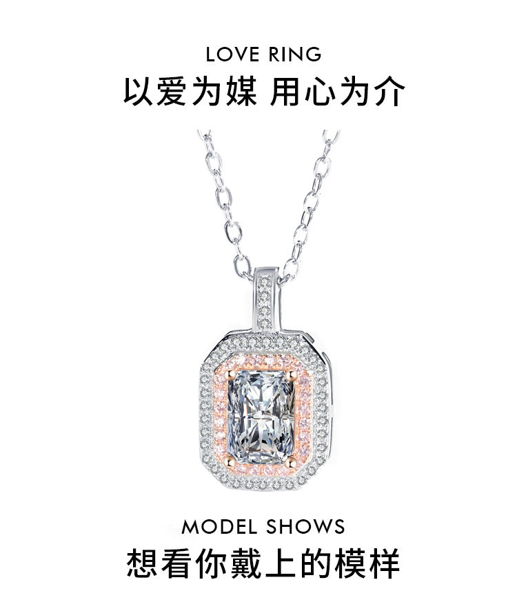 Cross-Border S925Sterling Silver Necklace Color-Blocked Square Bag Sugar Cube Radiant Moissanite Diamond Pendant Collarbone Chain Live Wholesale