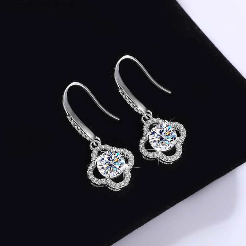 Cross-Border S925Sterling Silver Moissanite Four-Leaf Clover Ear Hooks Xiaohongshu Earrings Cluster Full Diamond Elegant Simple Women's Ear Jewelry