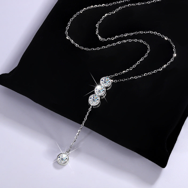 Cross-Border S925Pure Silver Tassel Necklace for Women with Moissanite Diamond Pendant, Simple and Luxurious Versatile Collarbone Chain, Wholesale from Manufacturer