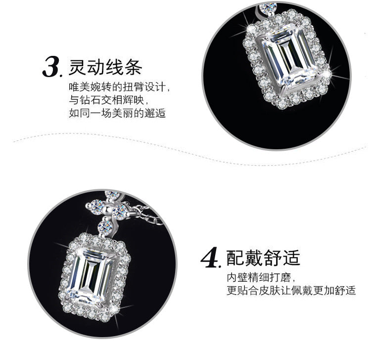 Cross-Border Europe and America S925Silver Pendant Emerald Cut Moissanite Necklace for Women Fashionable Light Luxury Rectangular Pendant Clavicle Chain