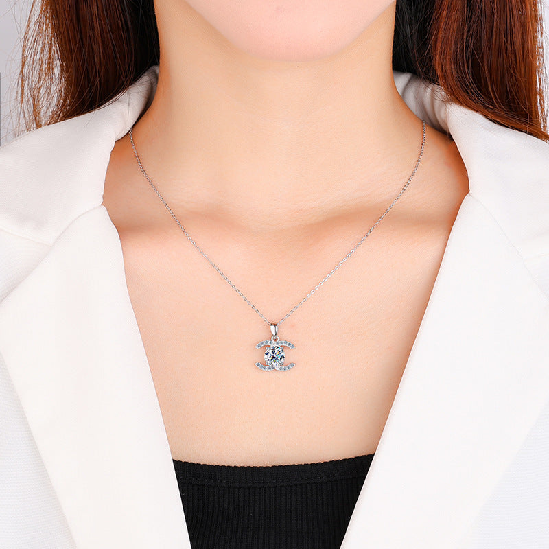Europe and america cross border S925Pure Silver Moissanite Double C Pendant Chanel Style Elegant Versatile Full Diamond Necklace Factory Wholesale