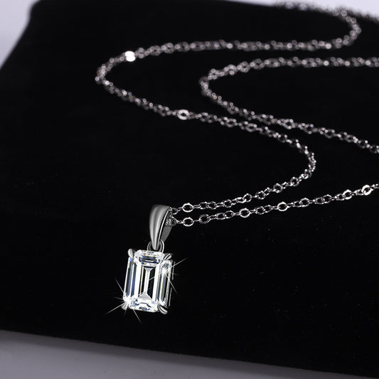 Cross-border new arrival S925Pure Silver Moissanite Diamond Light Luxury High-End Feel Emerald Cut Rectangular Pendant Collarbone Chain Wholesale