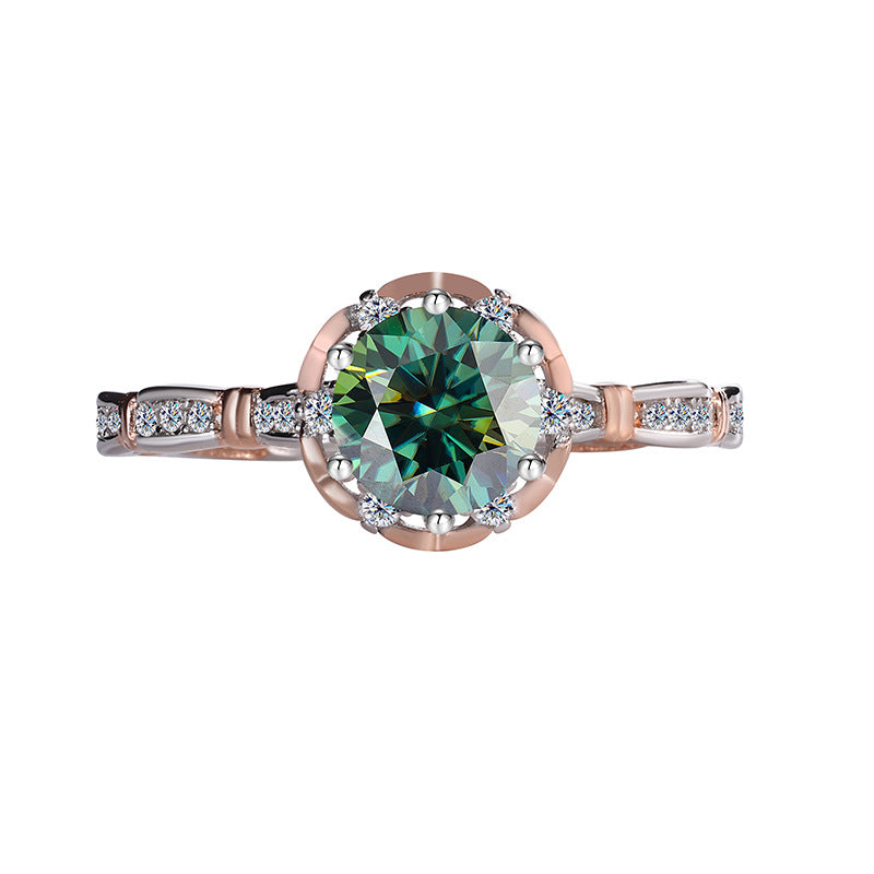 Europe and america cross border S925Sterling Silver Moissanite Princess Rose Handheld Flower Diamond Ring Six-Prong Luxury Cluster Setting Color-Blocked Women's Ring