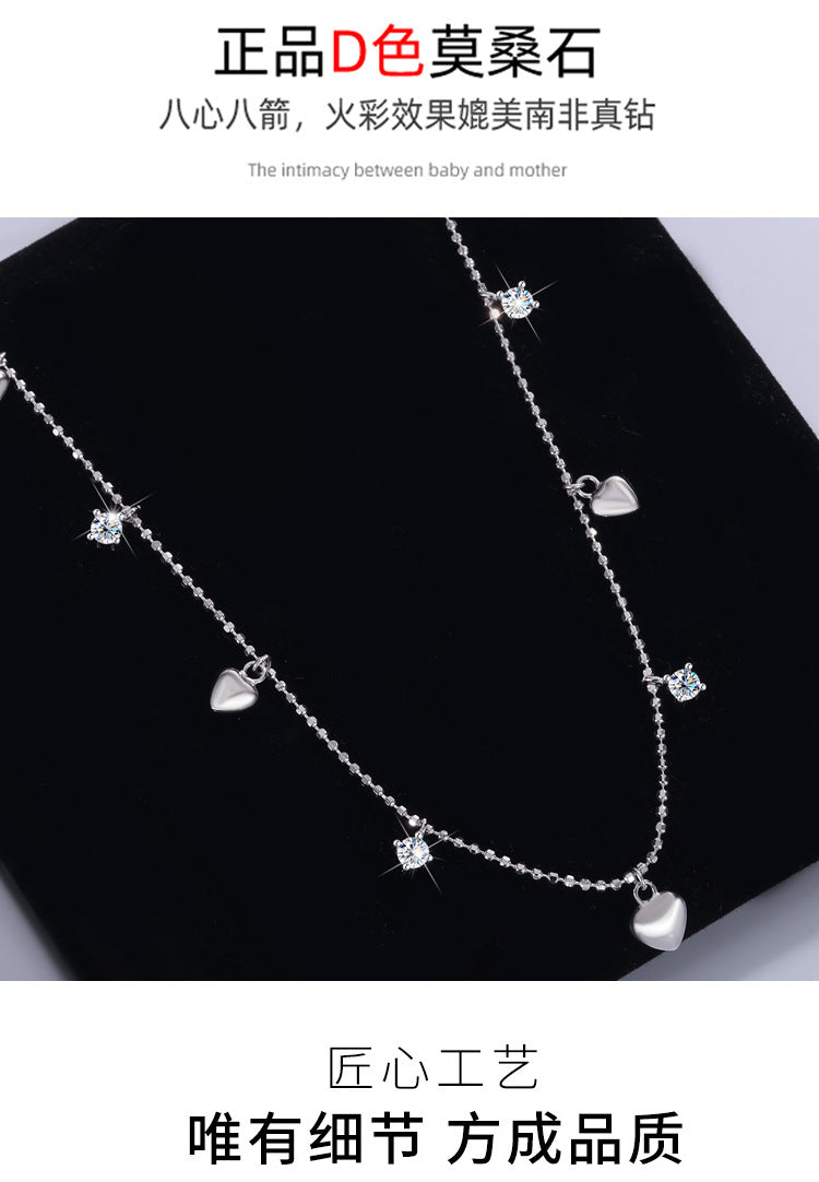 S925Pure Silver Heart Tassel Dynamic Moissanite Necklace Light Luxury High-End Fairy Style Collarbone Chain Factory Wholesale