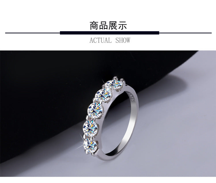 Cross-border foreign trade S925Silver Moissanite Five-Star Princess Row Ring Simple Fashion Moissanite Diamond Ring for Women Factory Wholesale