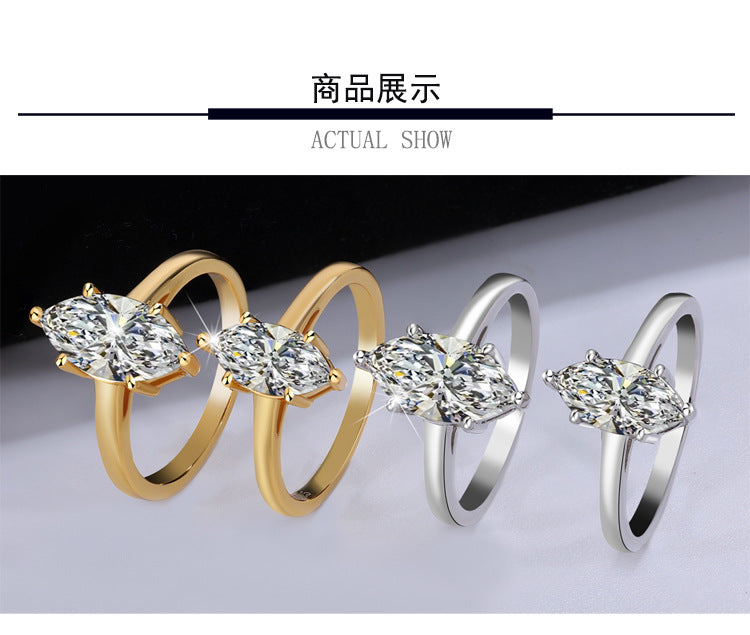 Cross-Border Direct Sales S925Silver Moissanite Horse Eye Ring Simple Fashion High-end Moissanite Women's Ring Factory Wholesale