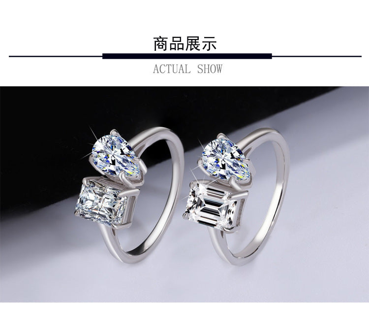 Cross-border hot selling S925Sterling Silver Moissanite Ring Irregular Heart Shape Emerald Cut Radiant Moissanite Women's Ring Wholesale