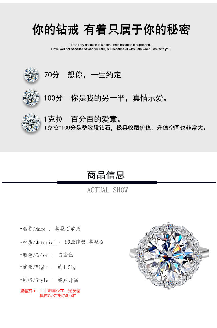 Cross-Border925Women's Sterling Silver Ring5Carat Luxury Beloved Moissanite Ultra Sparkling Ring Fashion High-end Factory Wholesale