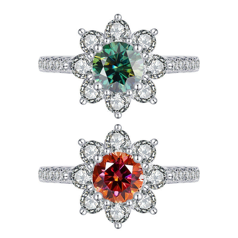 S925Sterling Silver Colorful Moissanite Ring for Women Sunflower Flower Diamond Ring TikTok Live Streaming Source Dropshipping
