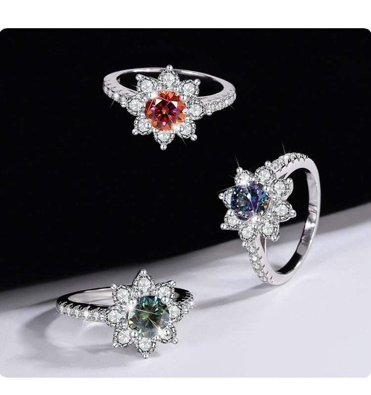S925Sterling Silver Colorful Moissanite Ring for Women Sunflower Flower Diamond Ring TikTok Live Streaming Source Dropshipping