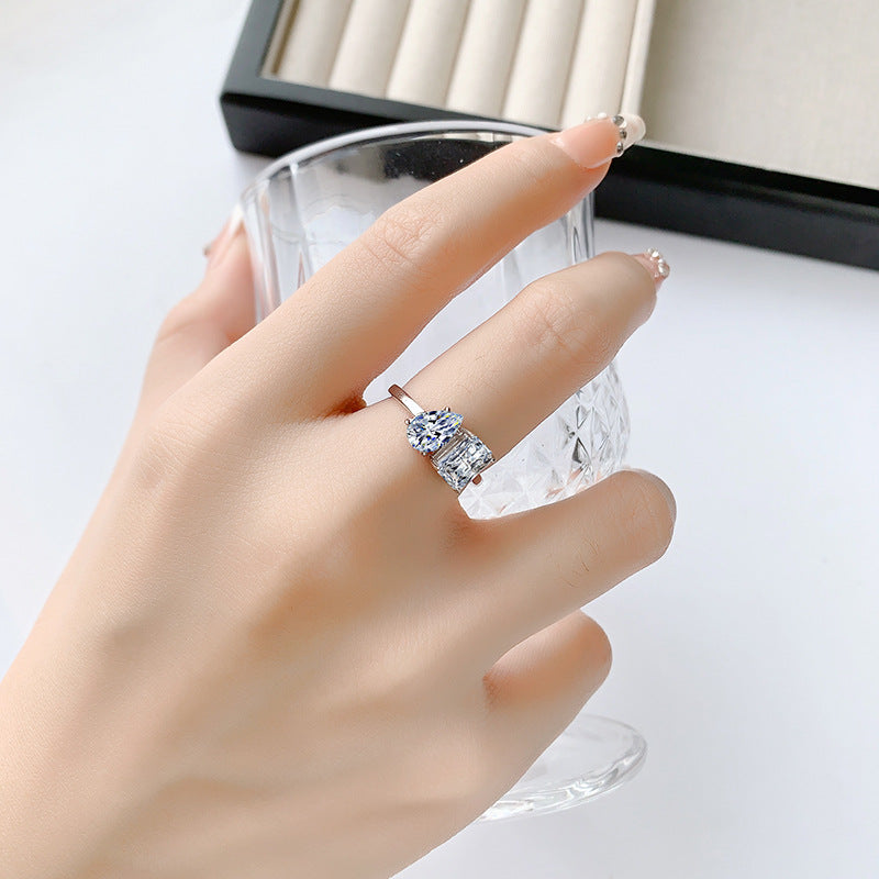 Cross-border hot selling S925Sterling Silver Moissanite Ring Irregular Heart Shape Emerald Cut Radiant Moissanite Women's Ring Wholesale