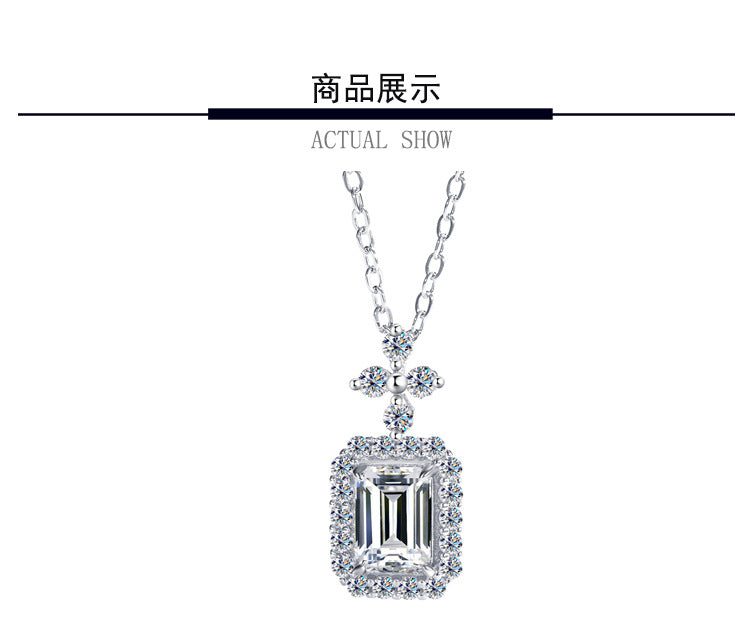 Cross-Border Europe and America S925Silver Pendant Emerald Cut Moissanite Necklace for Women Fashionable Light Luxury Rectangular Pendant Clavicle Chain