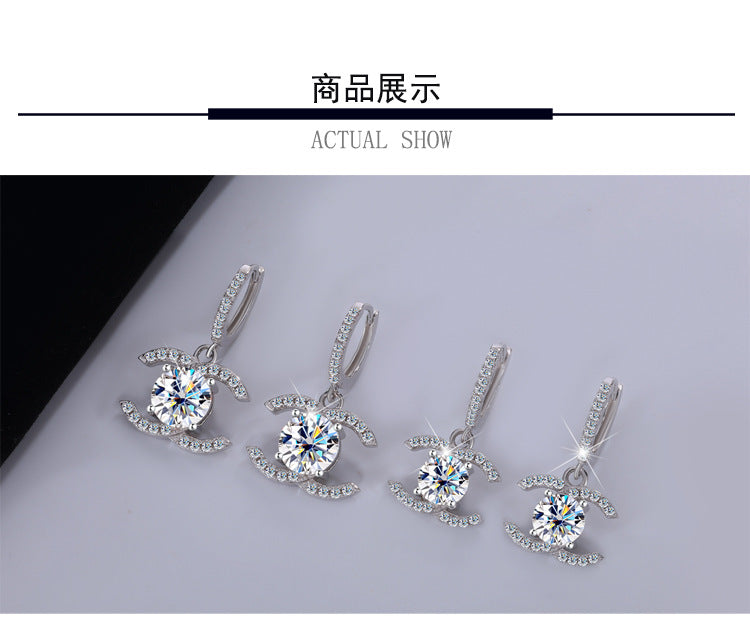 Europe and America925Sterling Silver Double C Chanel Style Moissanite Earrings for Women, Korean and Japanese High-End Moissanite Earrings, Factory Wholesale
