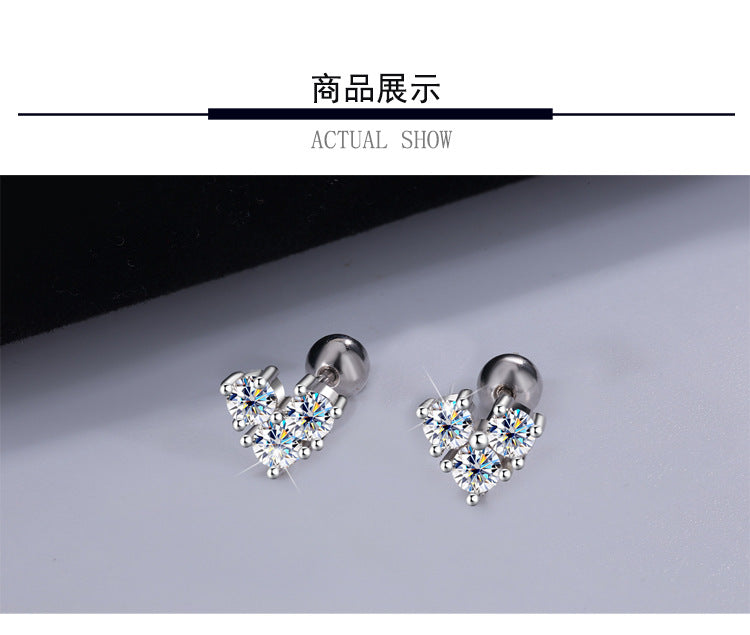 S925Silver Moissanite Heart Simple Clover Screw Earrings for Women Light Luxury Moissanite Jewelry Factory Wholesale