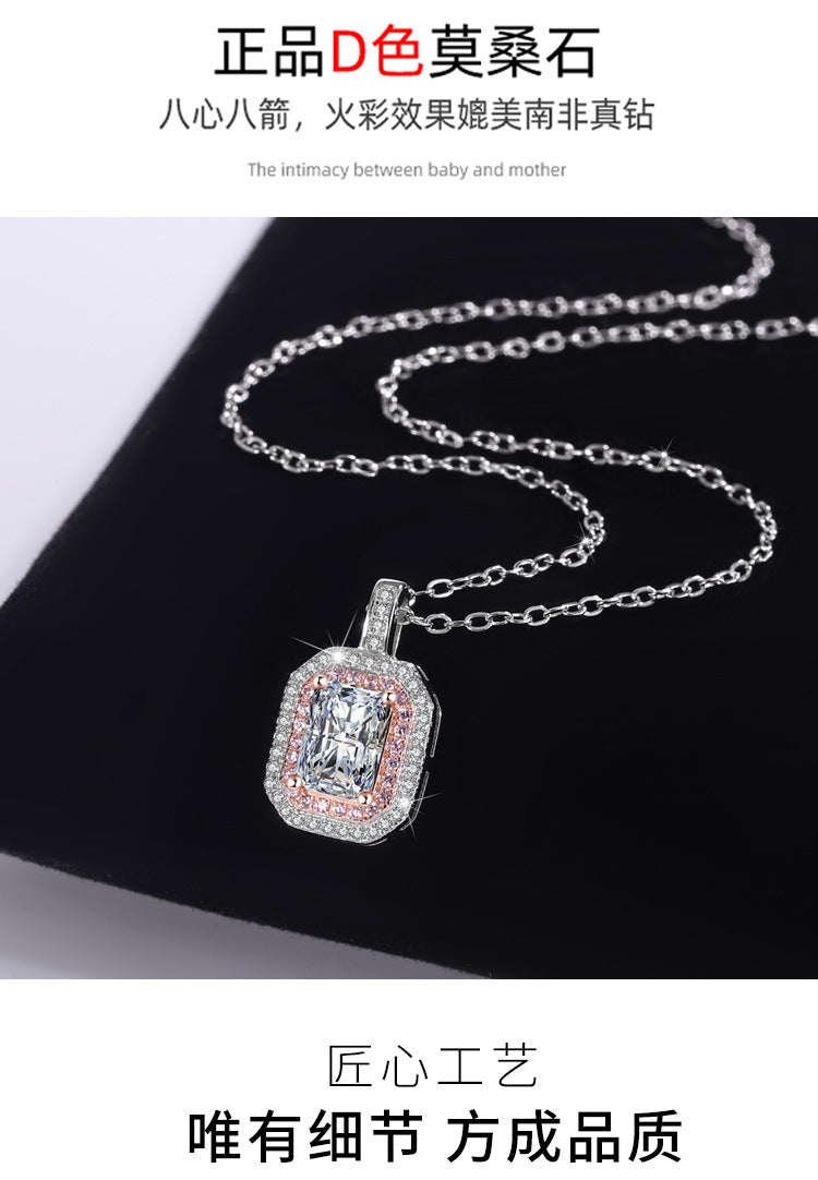 Cross-Border S925Sterling Silver Necklace Color-Blocked Square Bag Sugar Cube Radiant Moissanite Diamond Pendant Collarbone Chain Live Wholesale