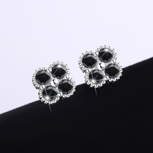 Cross-border hot S925Sterling Silver Black Moissanite Four-Leaf Clover Earrings Light Luxury High-End Jewelry Flower Full Diamond Wholesale