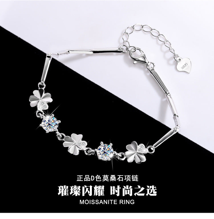 New S925Sterling Silver Moissanite Four-Leaf Clover Bracelet Fashion Women's Bracelet TikTok Kuaishou Live Streaming Factory Direct Sale