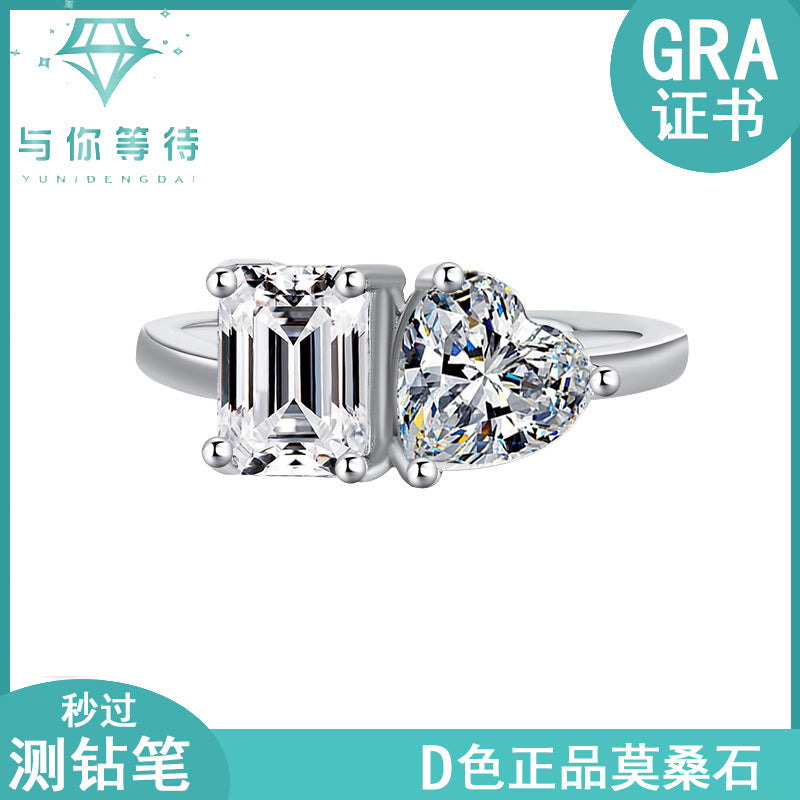 Cross-border European and American Live Streaming925Pure Silver Moissanite Classic1Carat Ring Irregular Moissanite Asymmetric Women's Ring